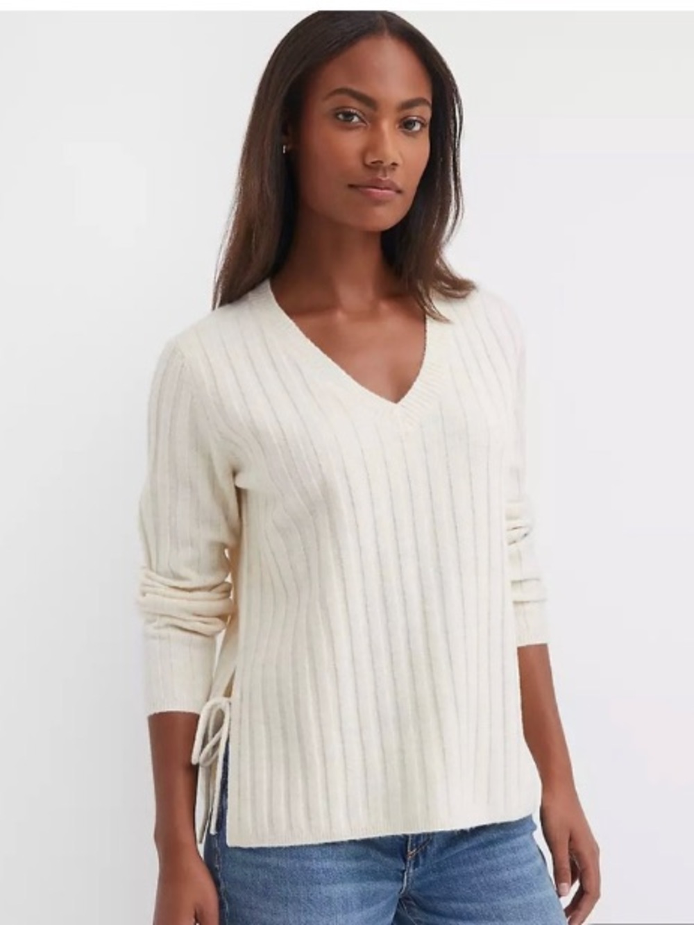Ann Taylor LOFT Ribbed Knit V-Neck Tie Side Pullover Sweater Cream XL